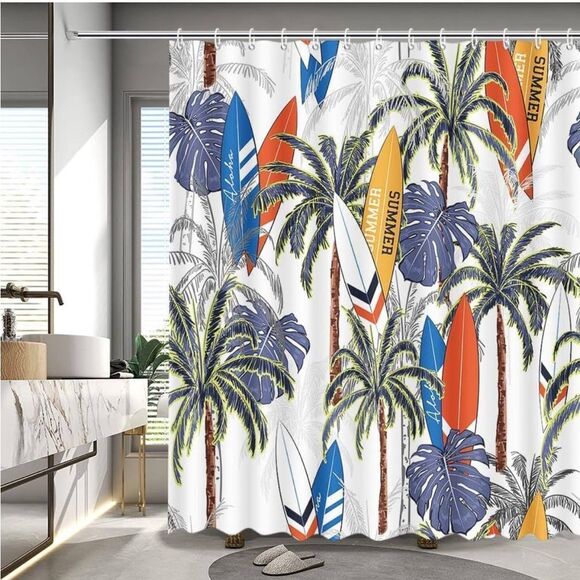Summer Tropical Shower Curtain Tropical Hawaii Coconut Trees Palm Leaf Shower - Picture 1 of 7